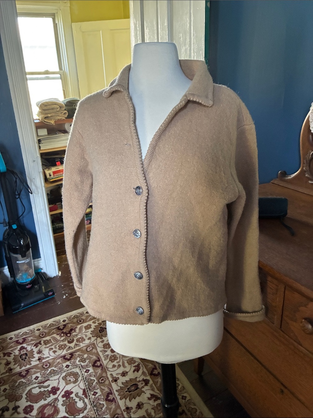 Classic Collared Beige Button-Front Cardigan Sweater